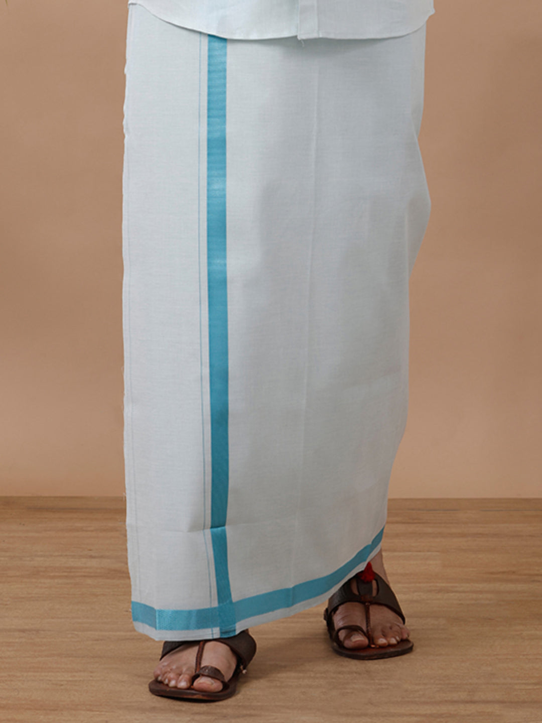 Men Tissue Single Layer Cyan Blue Dhoti with Jari Border