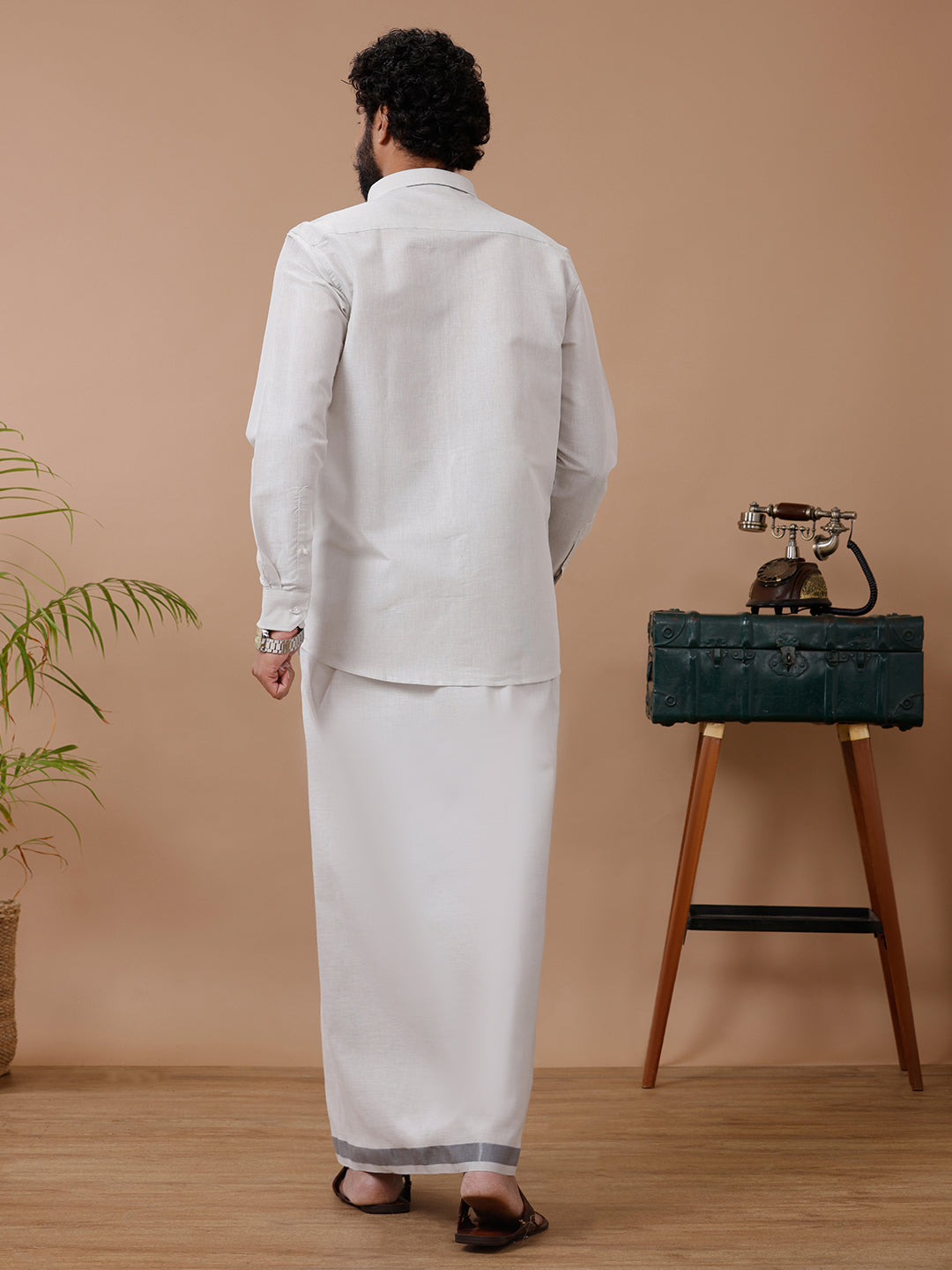 Men Tissue Dhoti & Shirt Set Steel Grey