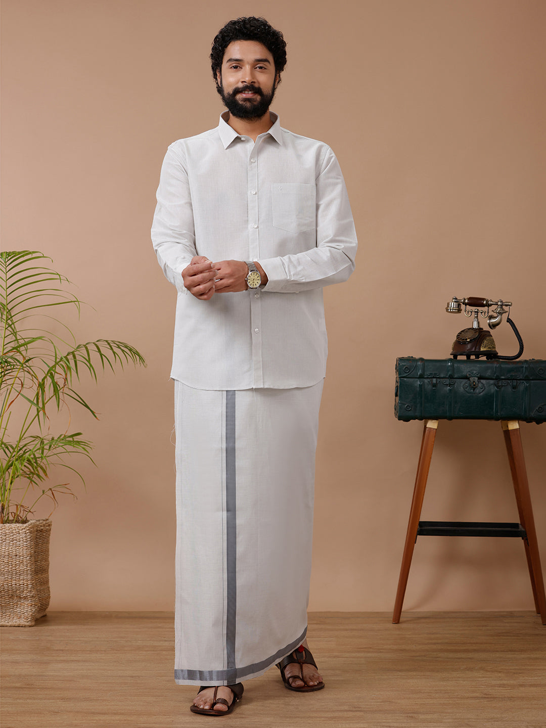 Men Tissue Dhoti & Shirt Set Steel Grey