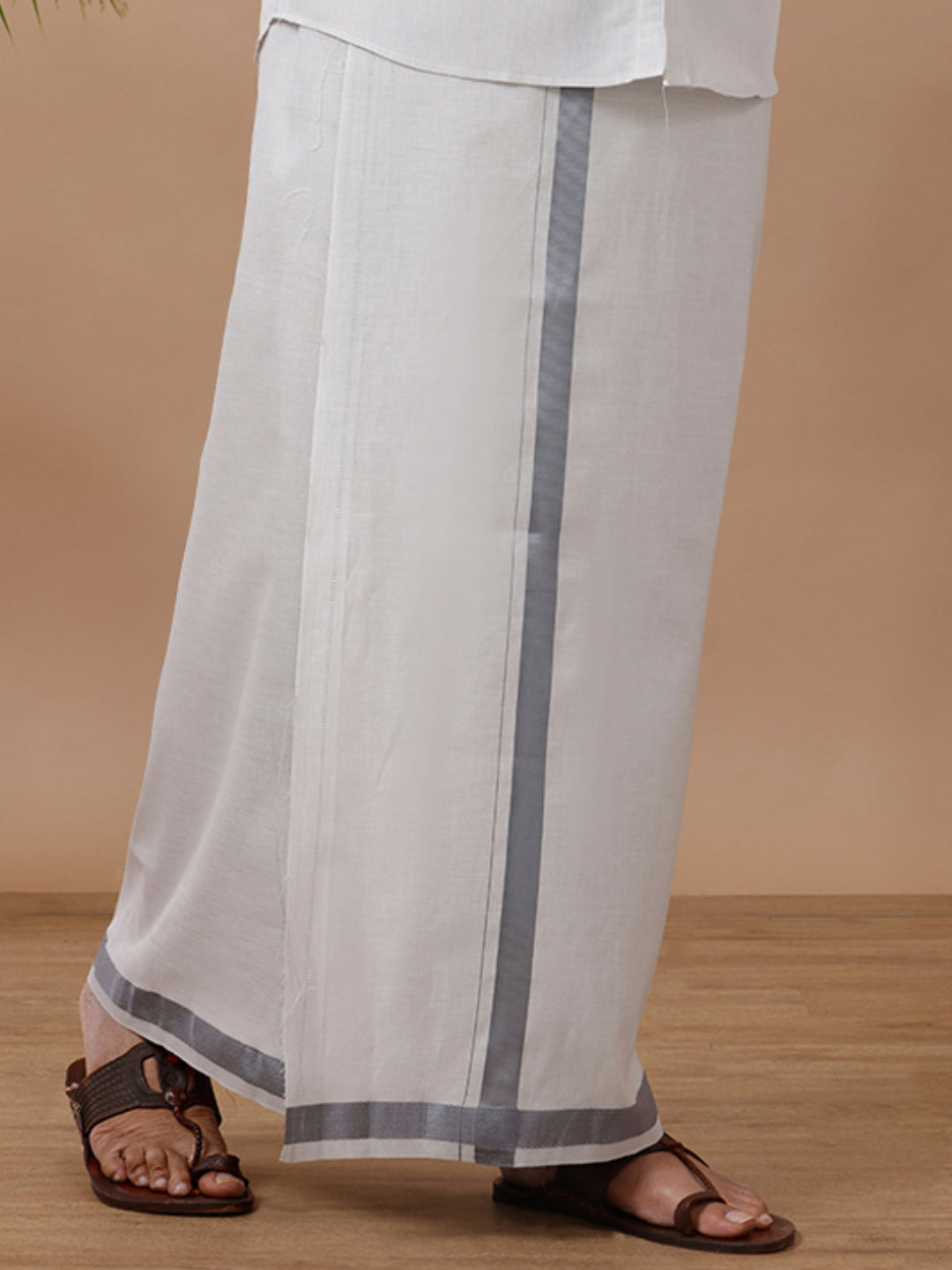 Men Tissue Single Layer Steel Grey Dhoti with Jari Border