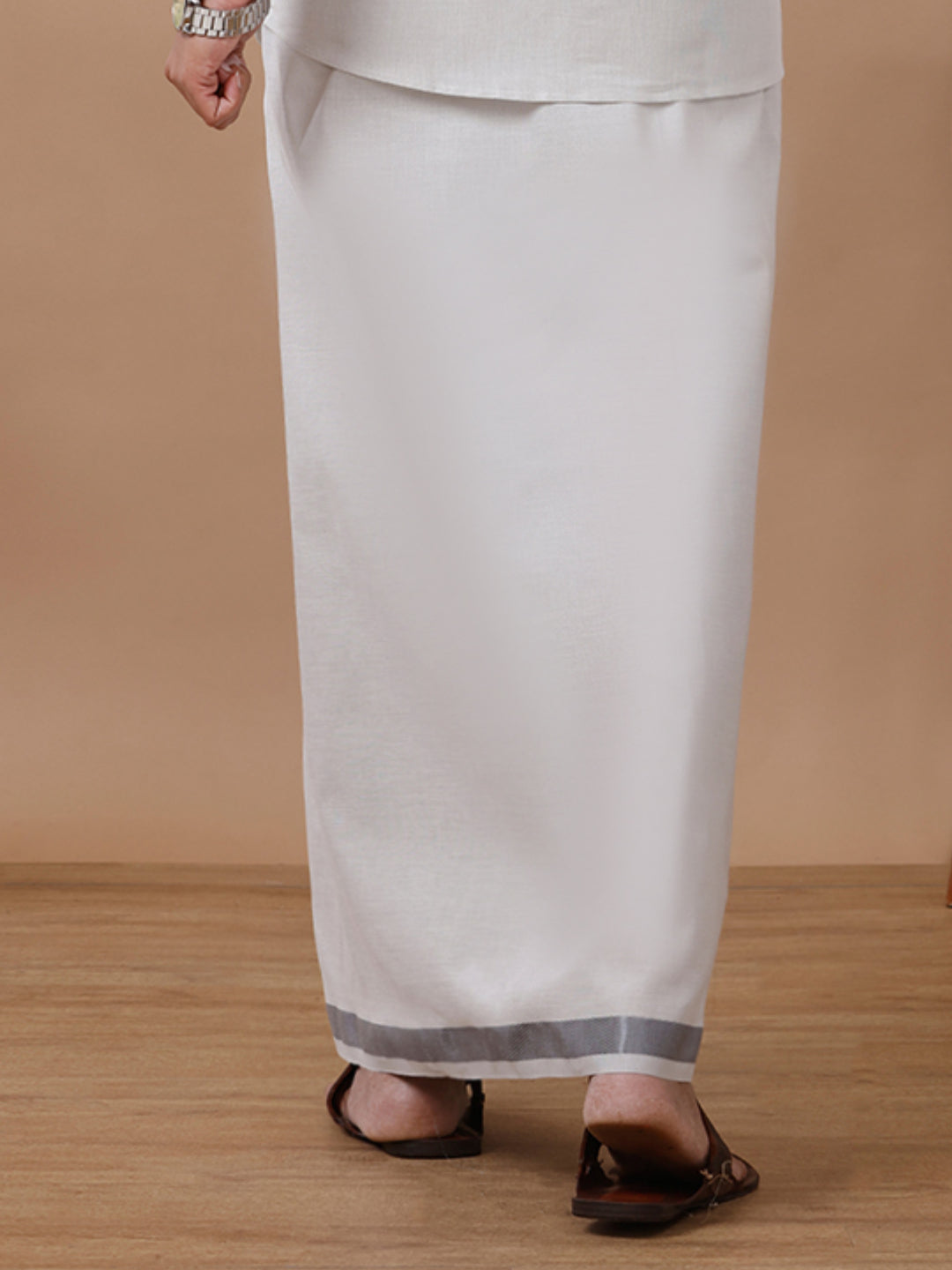 Men Tissue Single Layer Steel Grey Dhoti with Jari Border