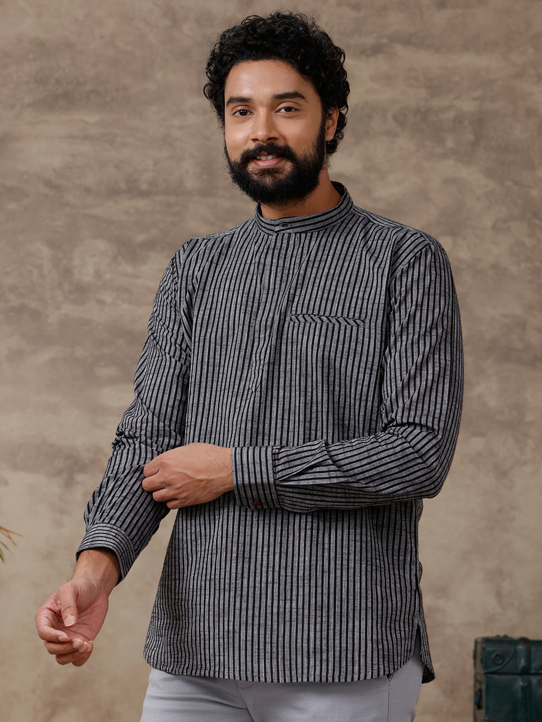 Cotton Short Length Striped Pocket Kurta Greyish Black PB11