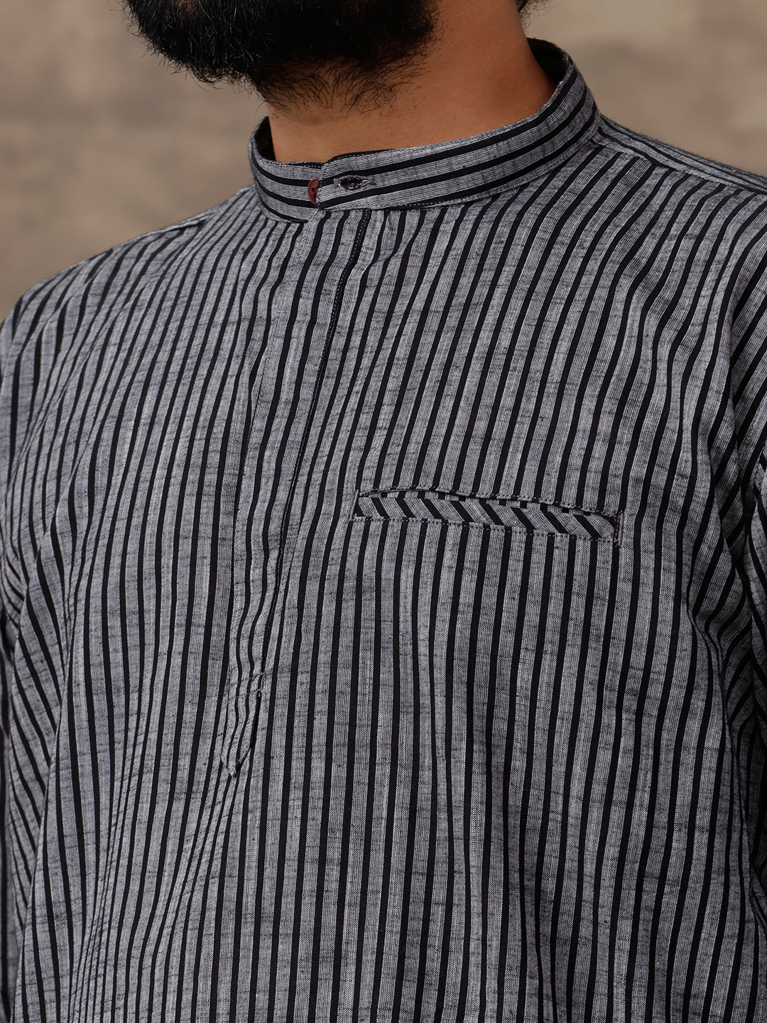 Cotton Short Length Striped Pocket Kurta Greyish Black PB11