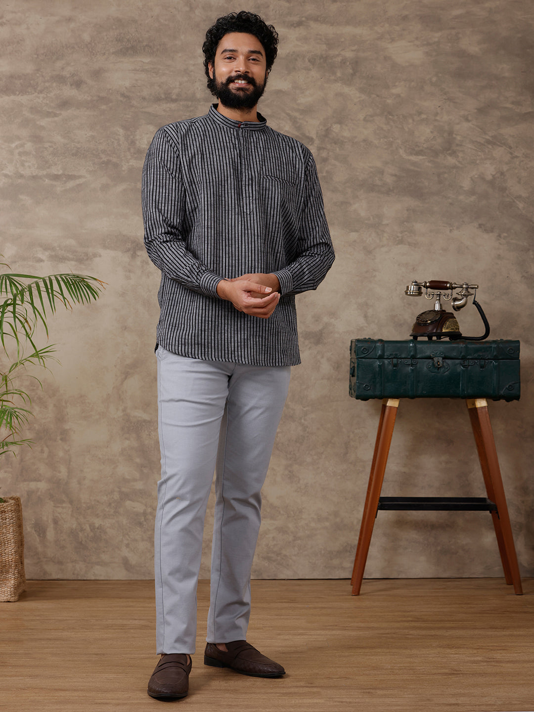 Cotton Short Length Striped Pocket Kurta Greyish Black PB11