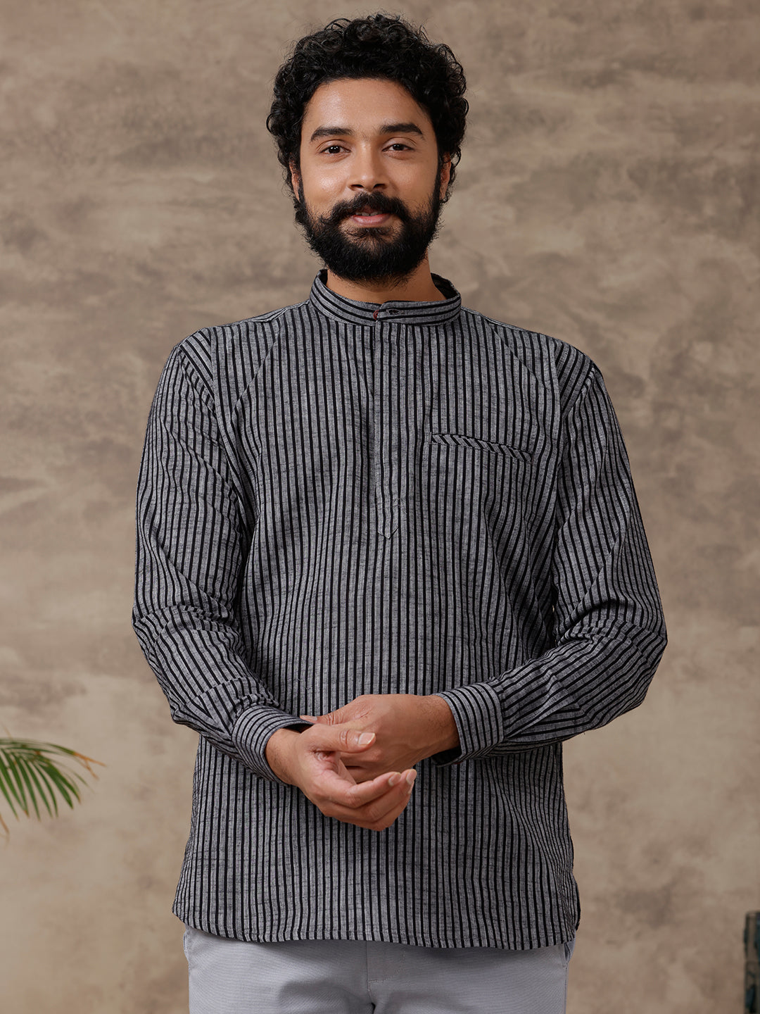 Cotton Short Length Striped Pocket Kurta Greyish Black PB11