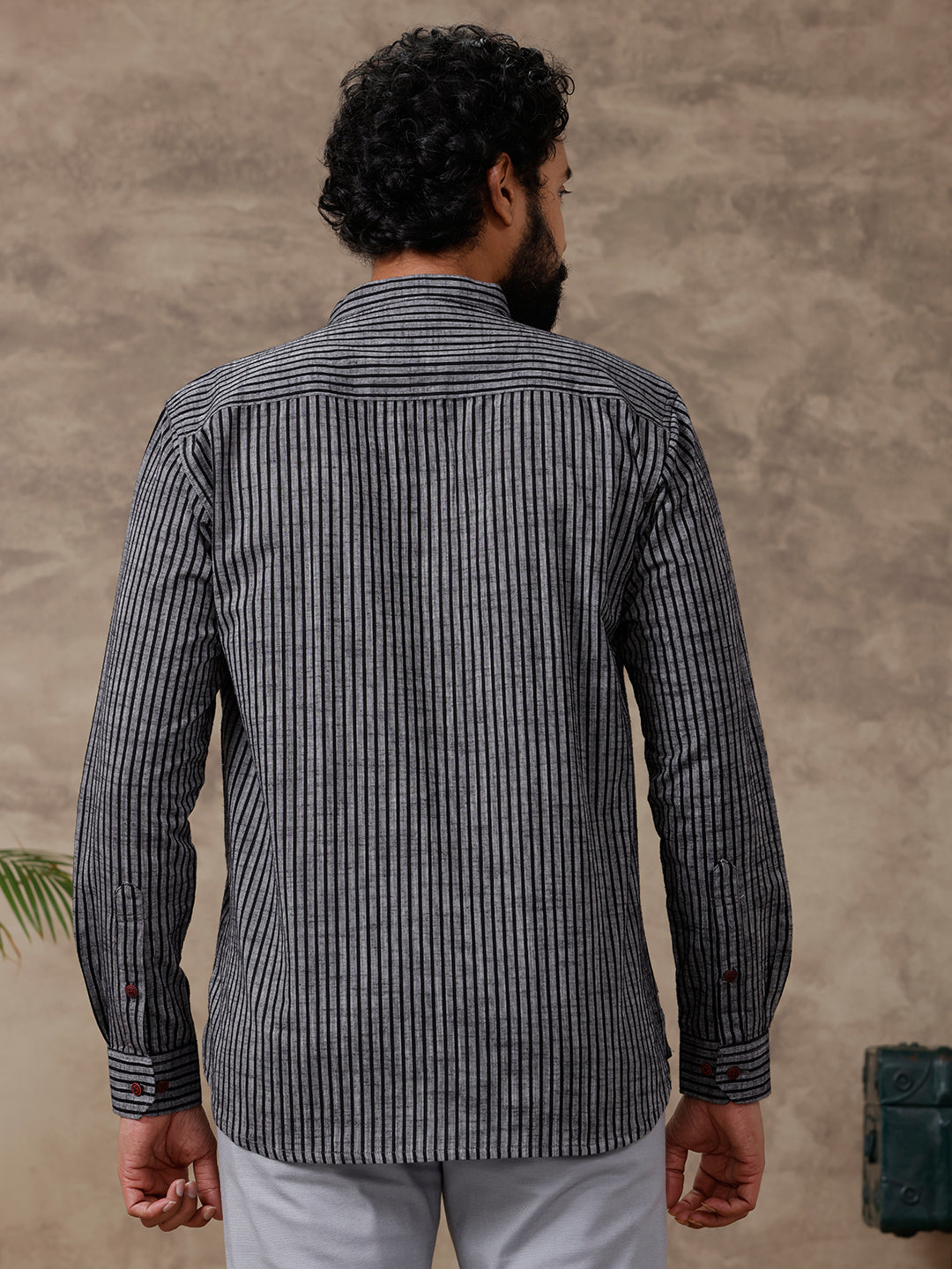 Cotton Short Length Striped Pocket Kurta Greyish Black PB11