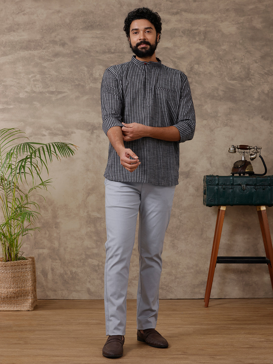 Cotton Short Length Striped Pocket Kurta Greyish Black PB11