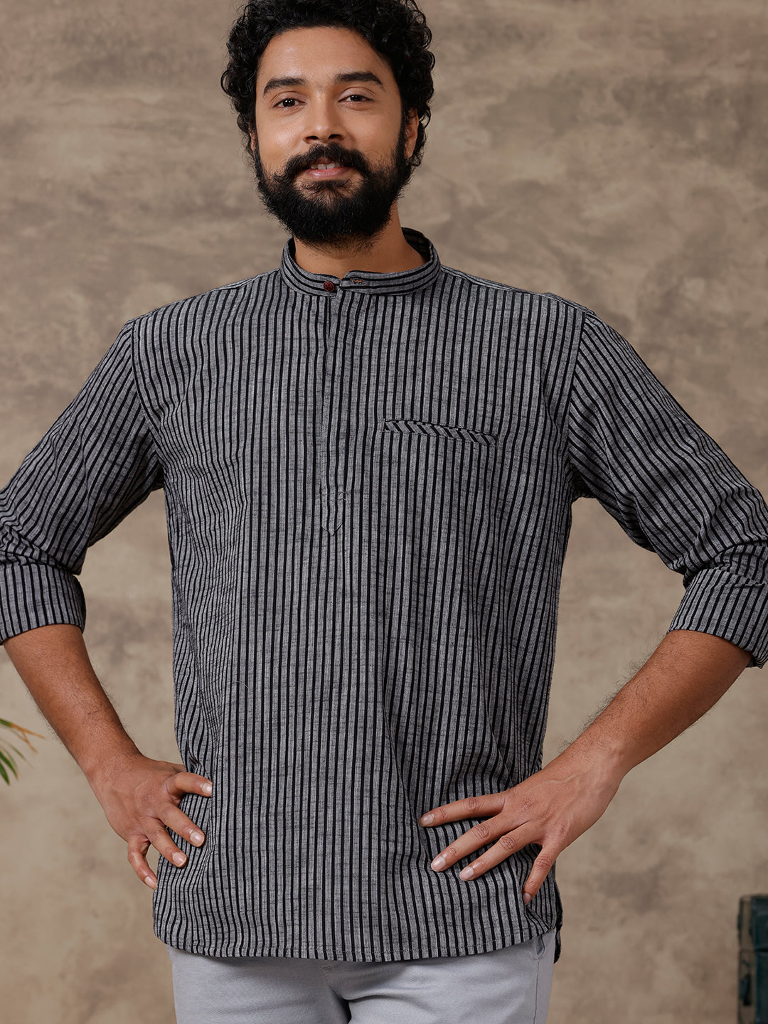 Cotton Short Length Striped Pocket Kurta Greyish Black PB11