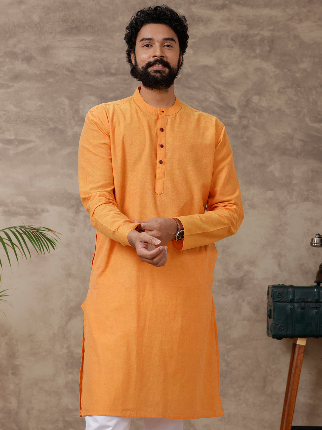 Men Cotton Full Length Plain Pocket Kurta Orange Y13