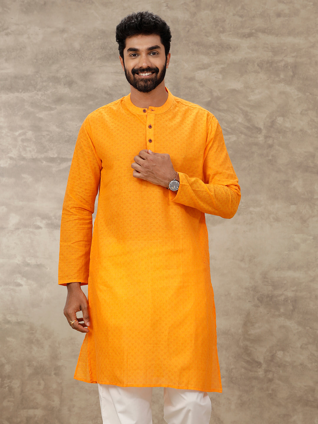 Men Cotton Full Length Self Design Pocket Kurta Orange Y5