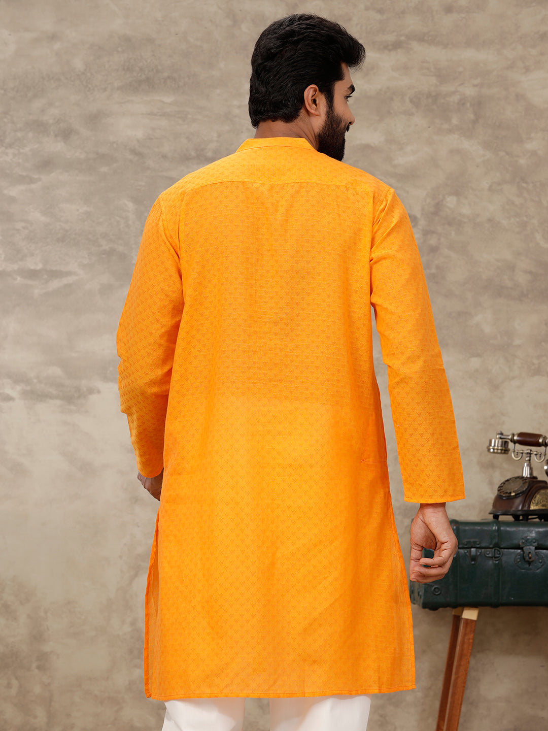 Men Cotton Full Length Self Design Pocket Kurta Orange Y5