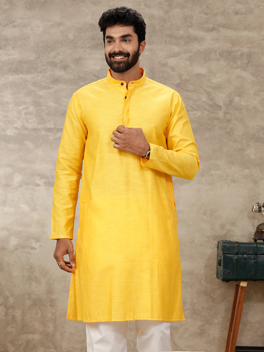 Men Cotton Full Length Self Design Pocket Kurta Golden Yellow Y19