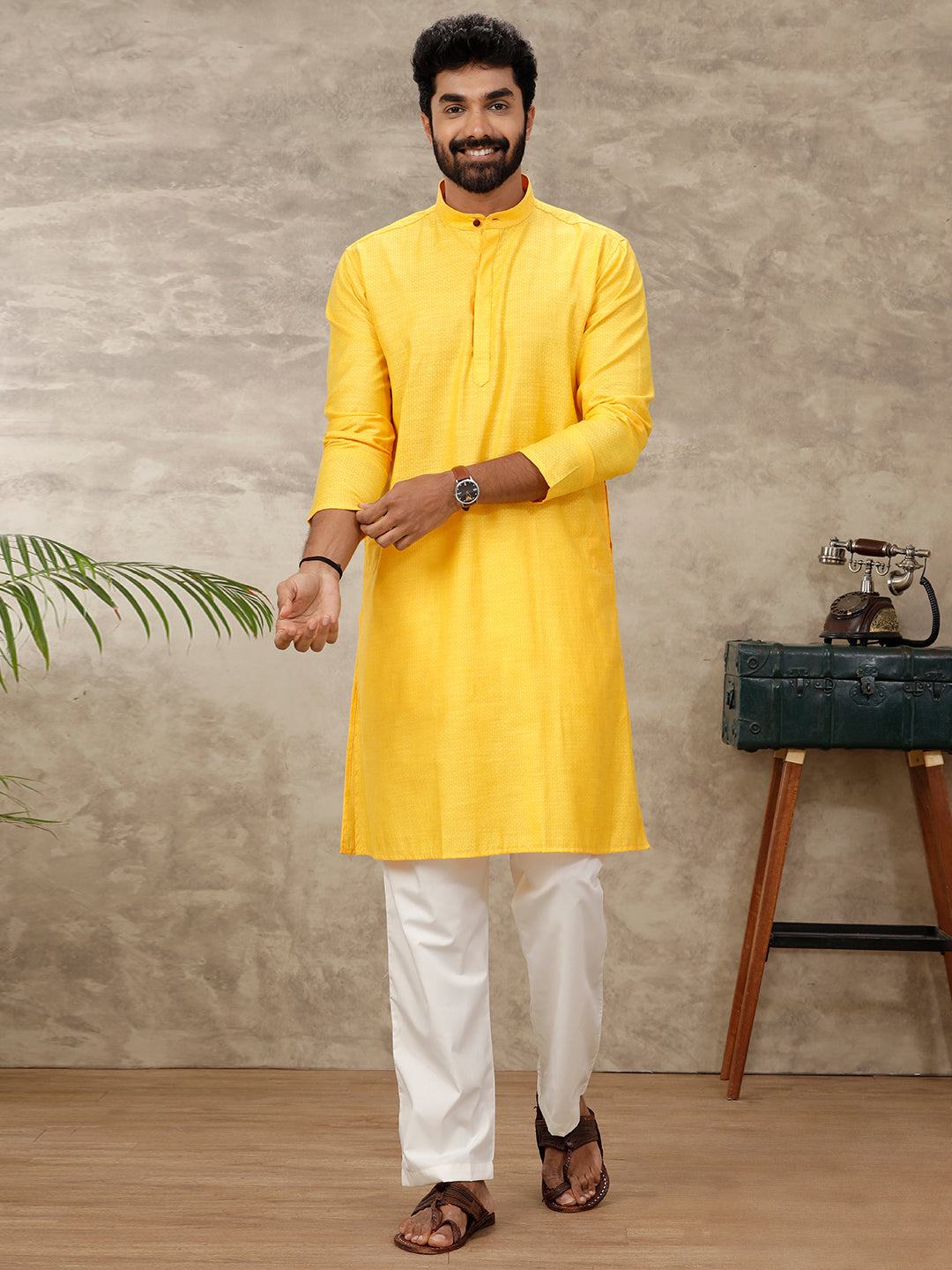 Men Cotton Full Length Self Design Pocket Kurta Golden Yellow Y19