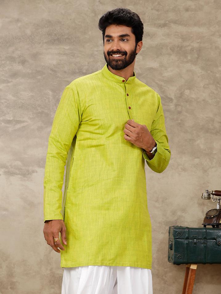 Men Cotton Medium Length Plain Pocket Kurta Parrot Green FS2