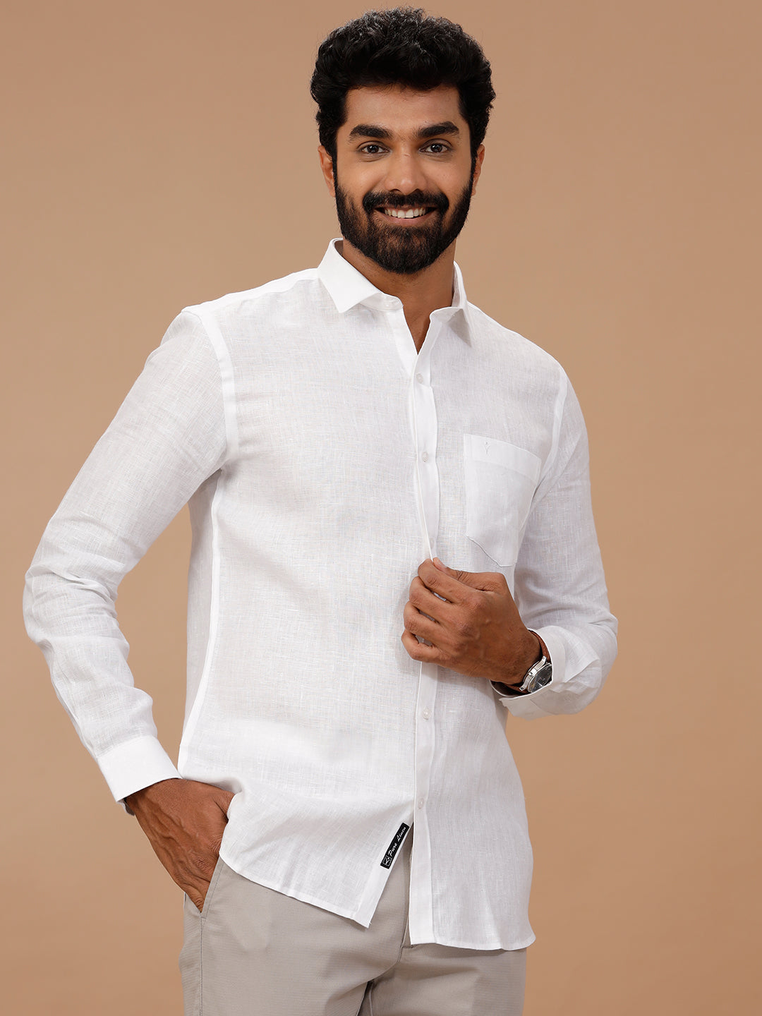 Men Pure Linen White Shirt with Self Design 1542JF