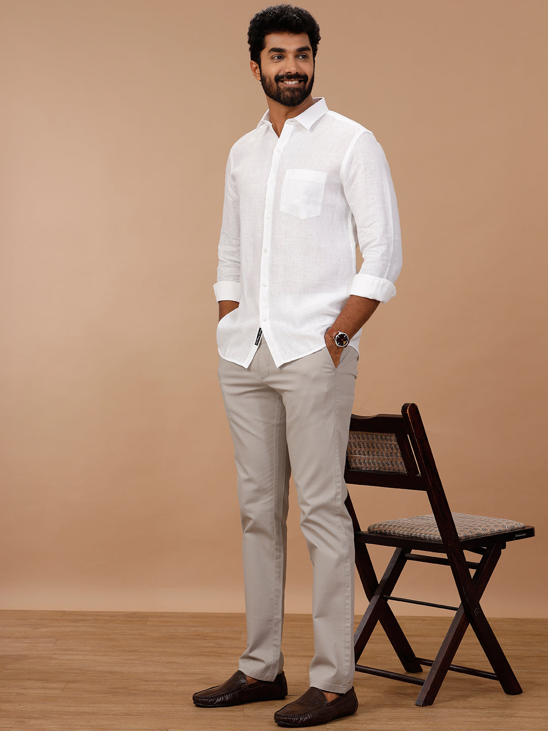 Men Pure Linen White Shirt with Self Design 1542JF