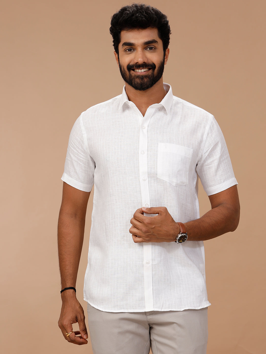 Men Pure Linen White Shirt with Self Design 1544JF