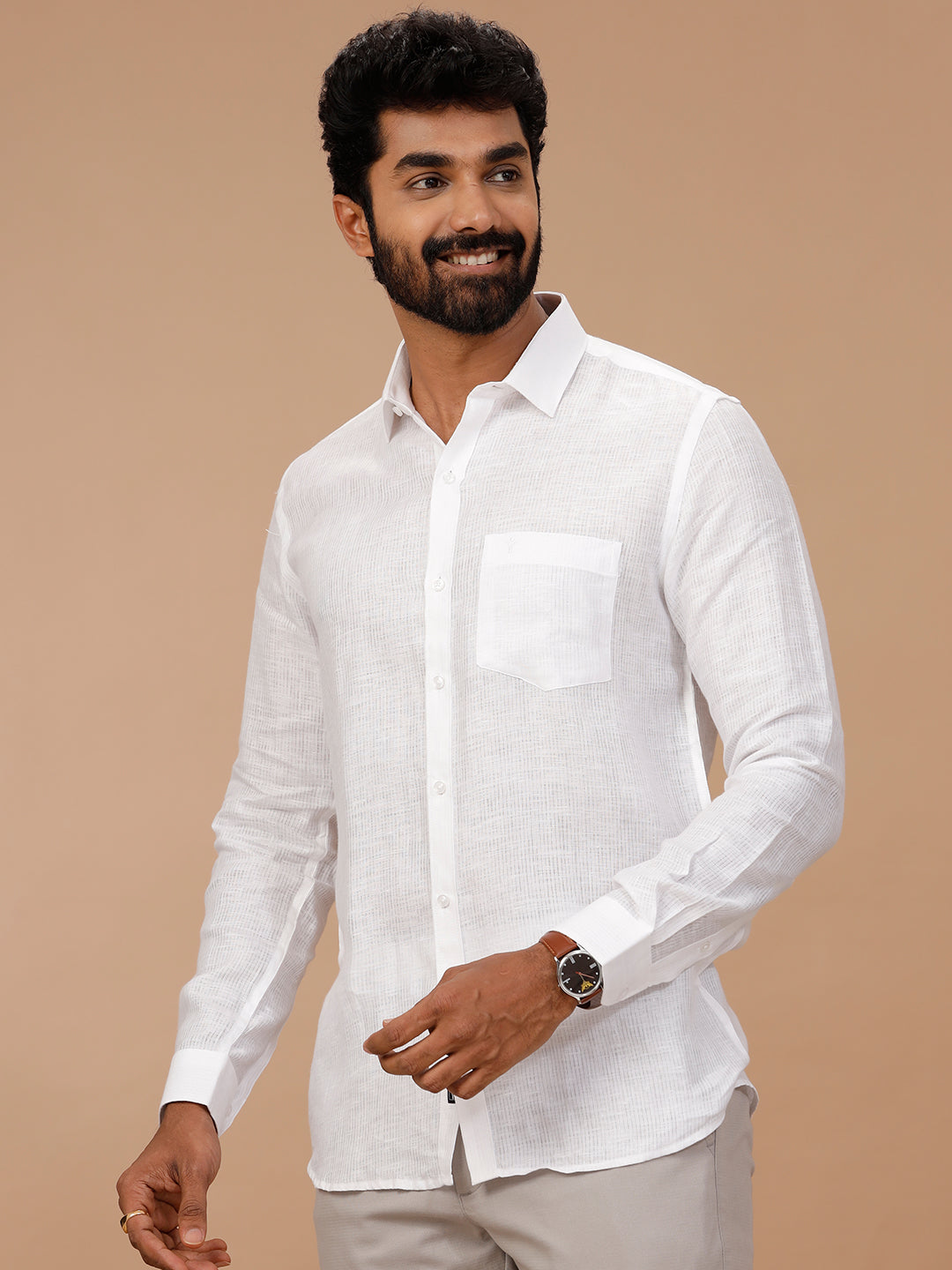 Men Pure Linen White Shirt with Self Design 1538JF