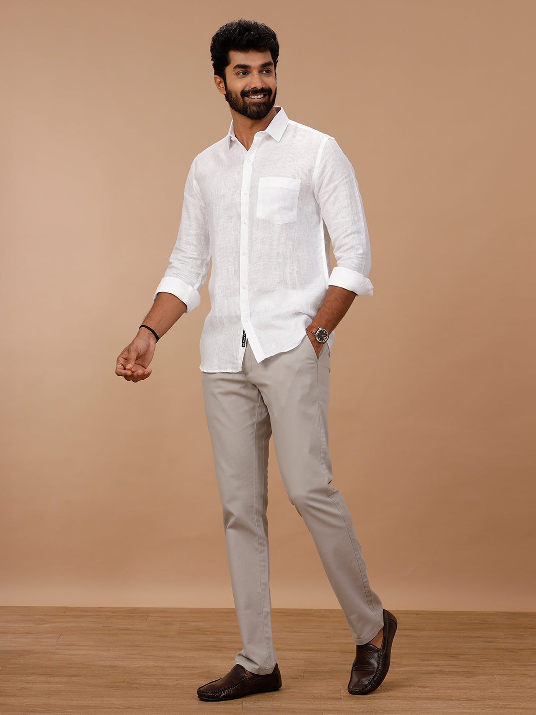 Men Pure Linen White Shirt with Self Design 1538JF