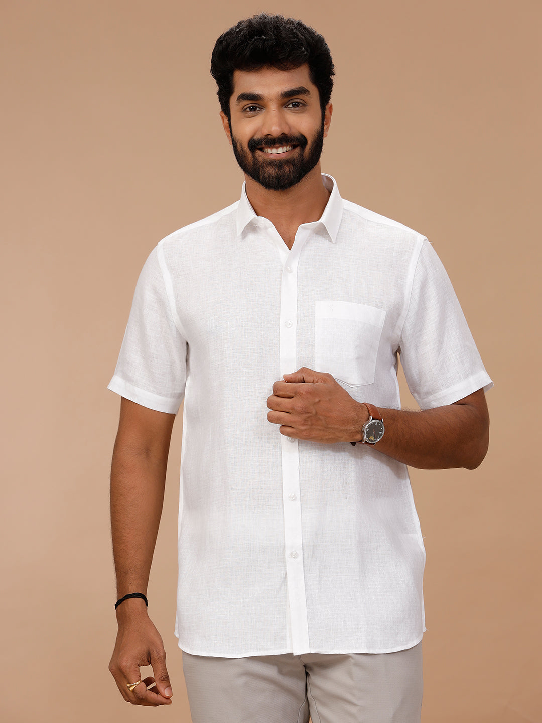 Men Pure Linen White Shirt with Self Design 1546JF