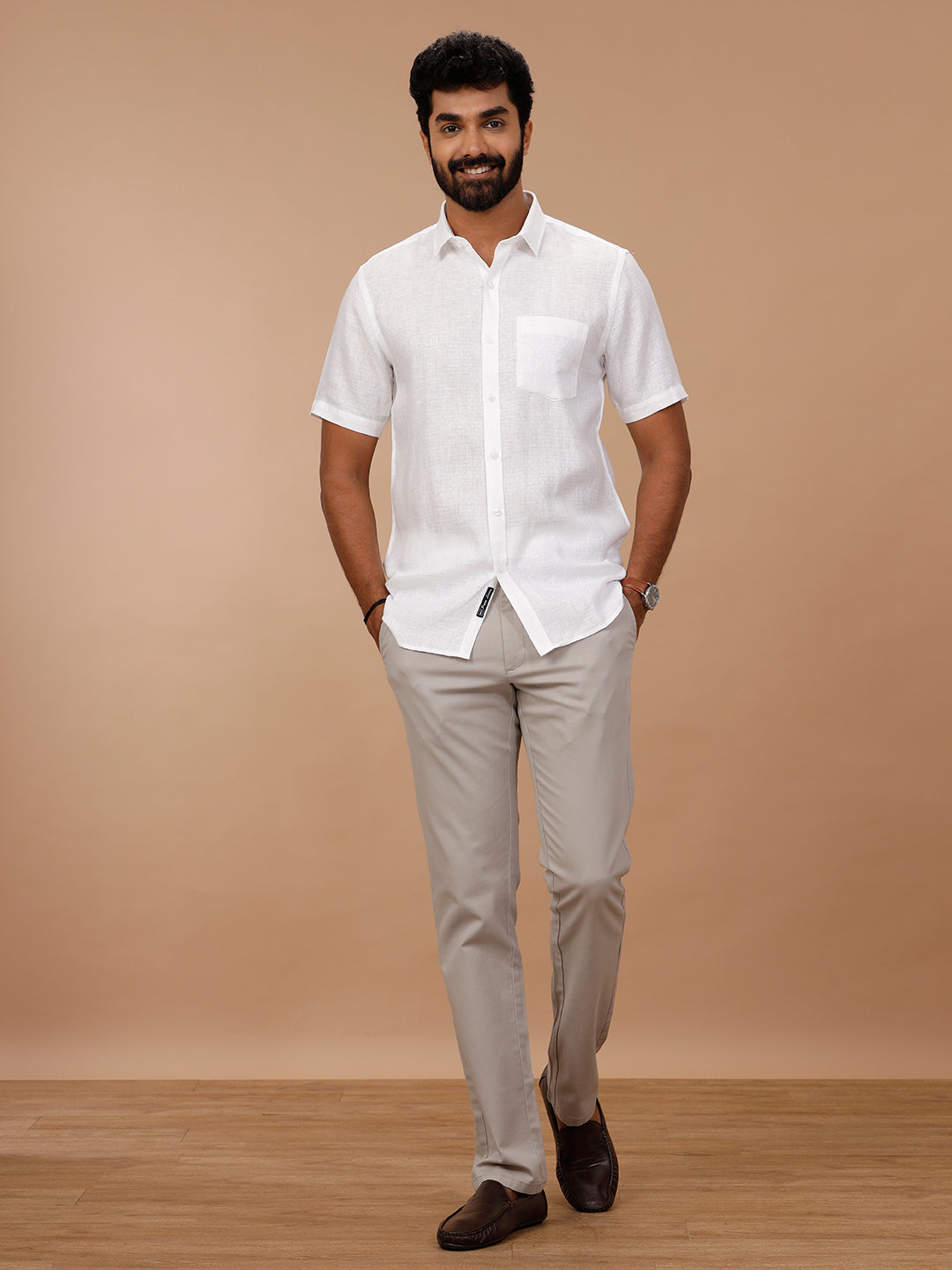 Men Pure Linen White Shirt with Self Design 1546JF