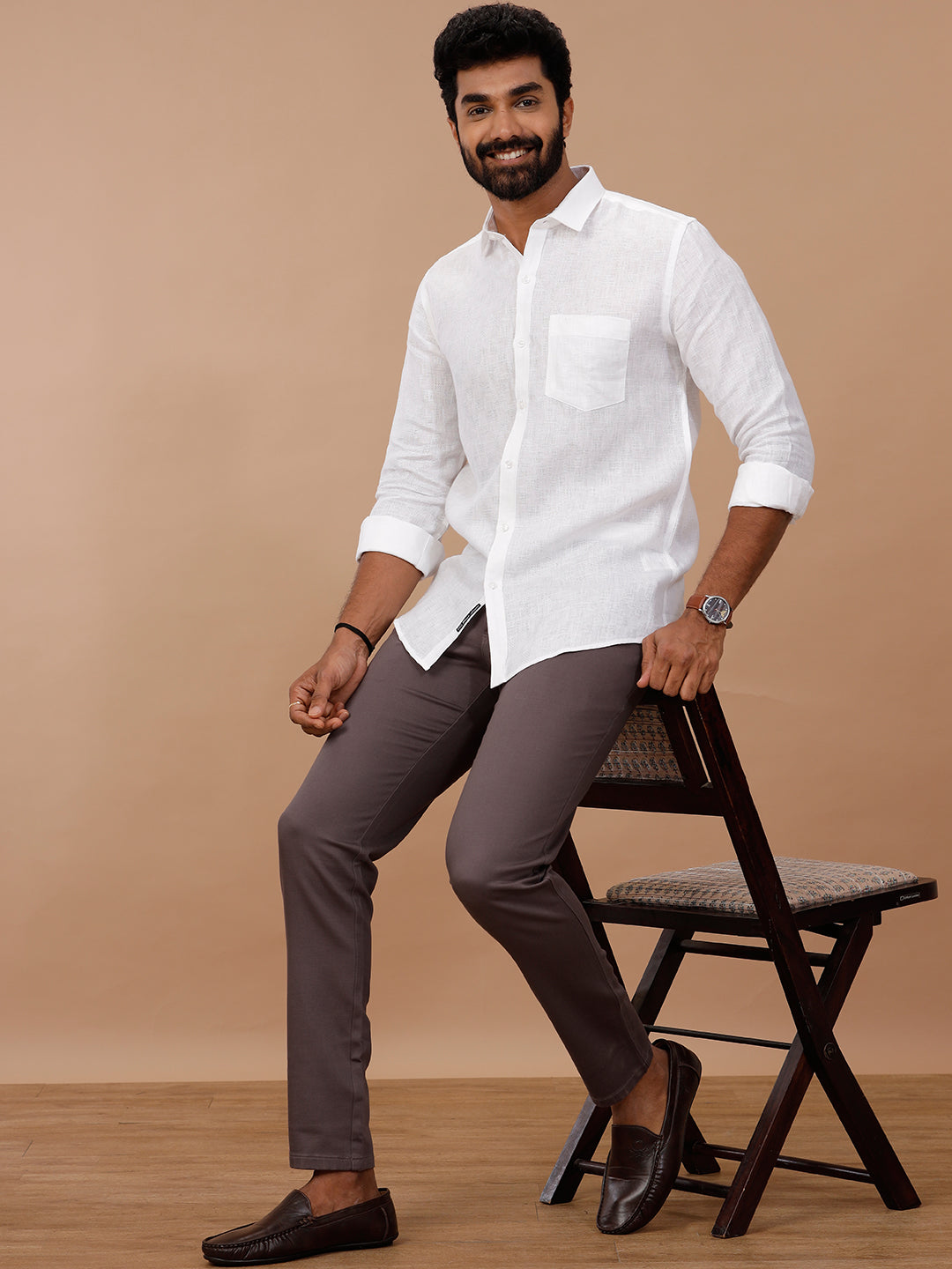 Men Pure Linen White Shirt with Self Design 1532JF