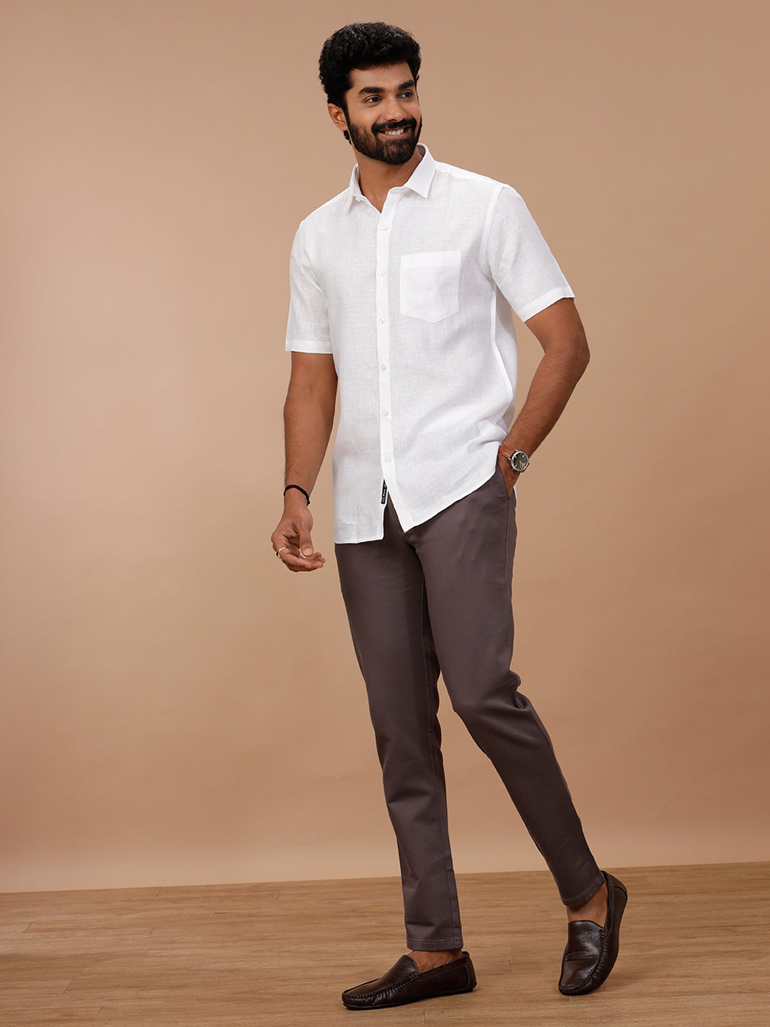 Men Pure Linen White Shirt with Self Design 1542JF