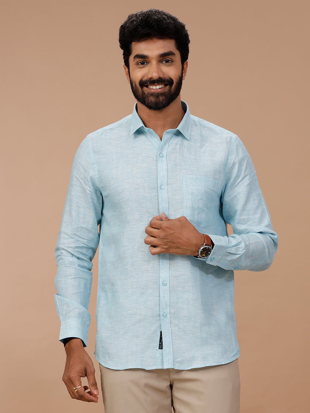 Men Pure Linen Striped Shirt Blue LS90