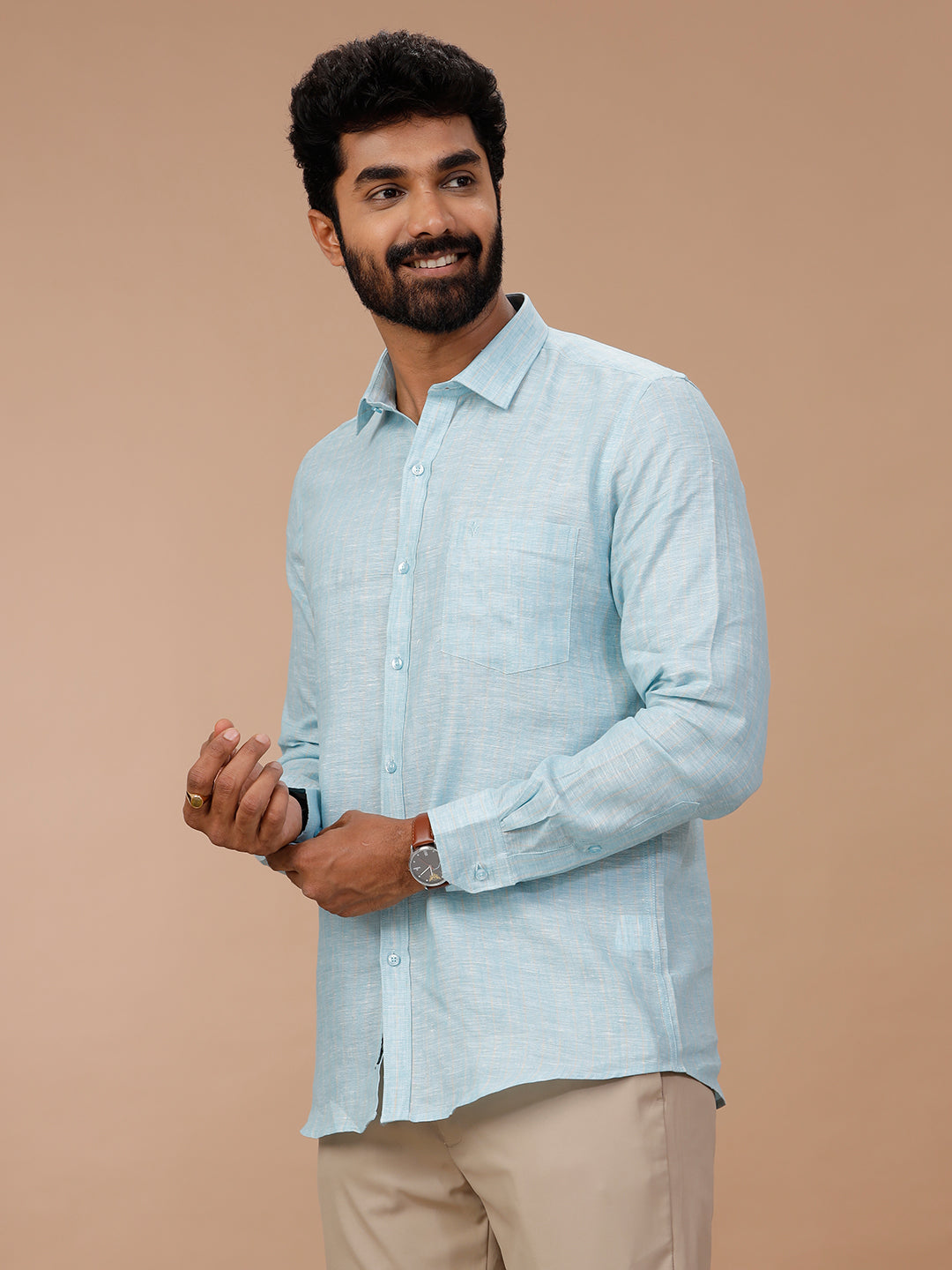Men Pure Linen Striped Shirt Blue LS90
