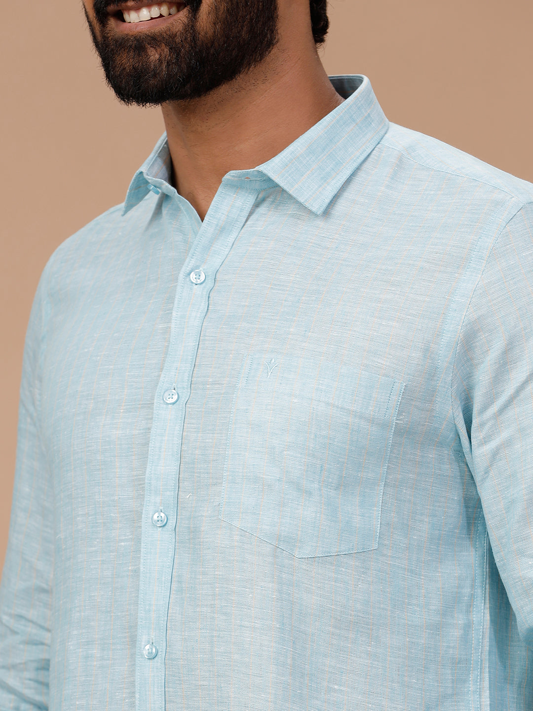 Men Pure Linen Striped Shirt Blue LS90
