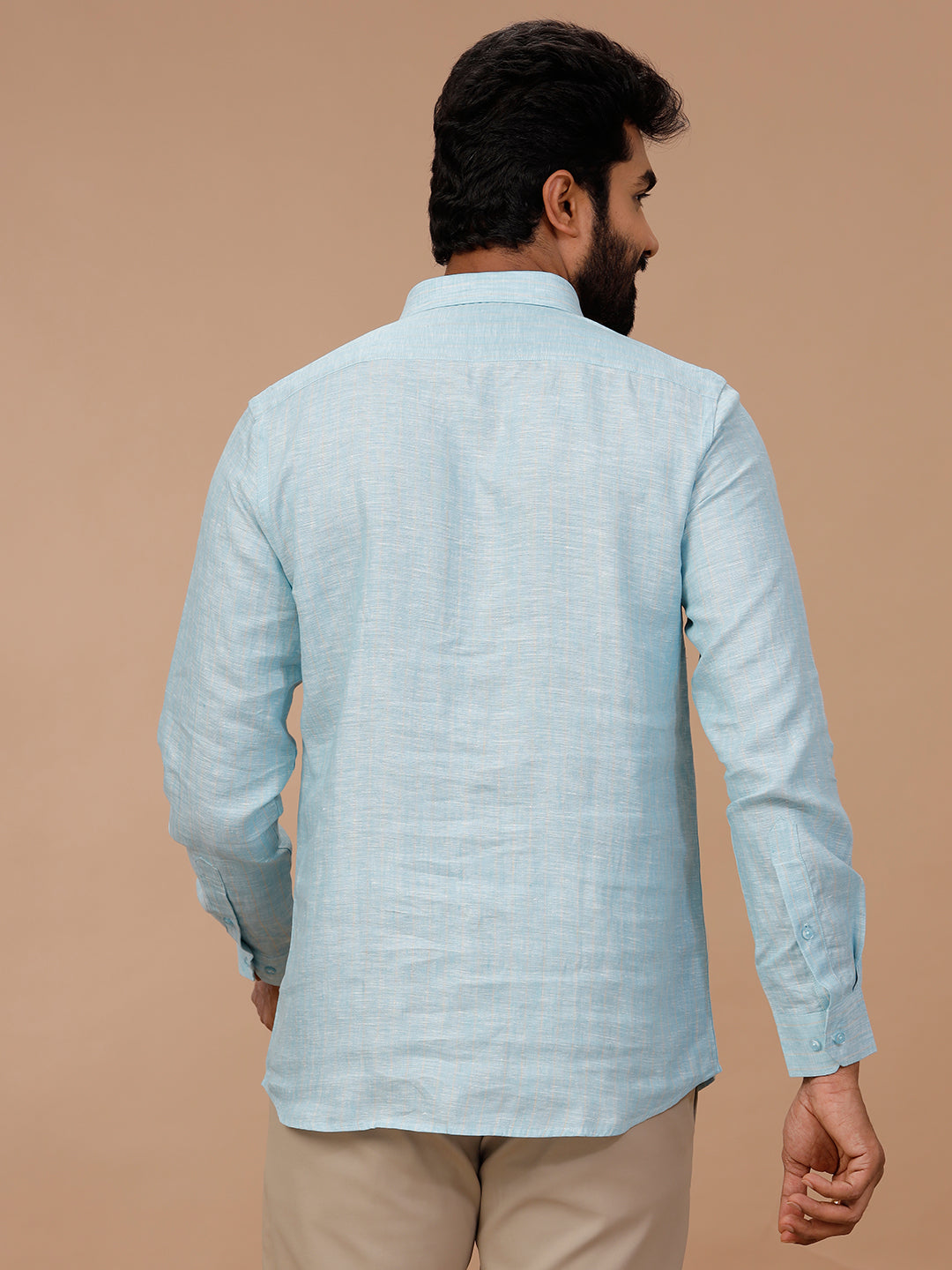 Men Pure Linen Striped Shirt Blue LS90