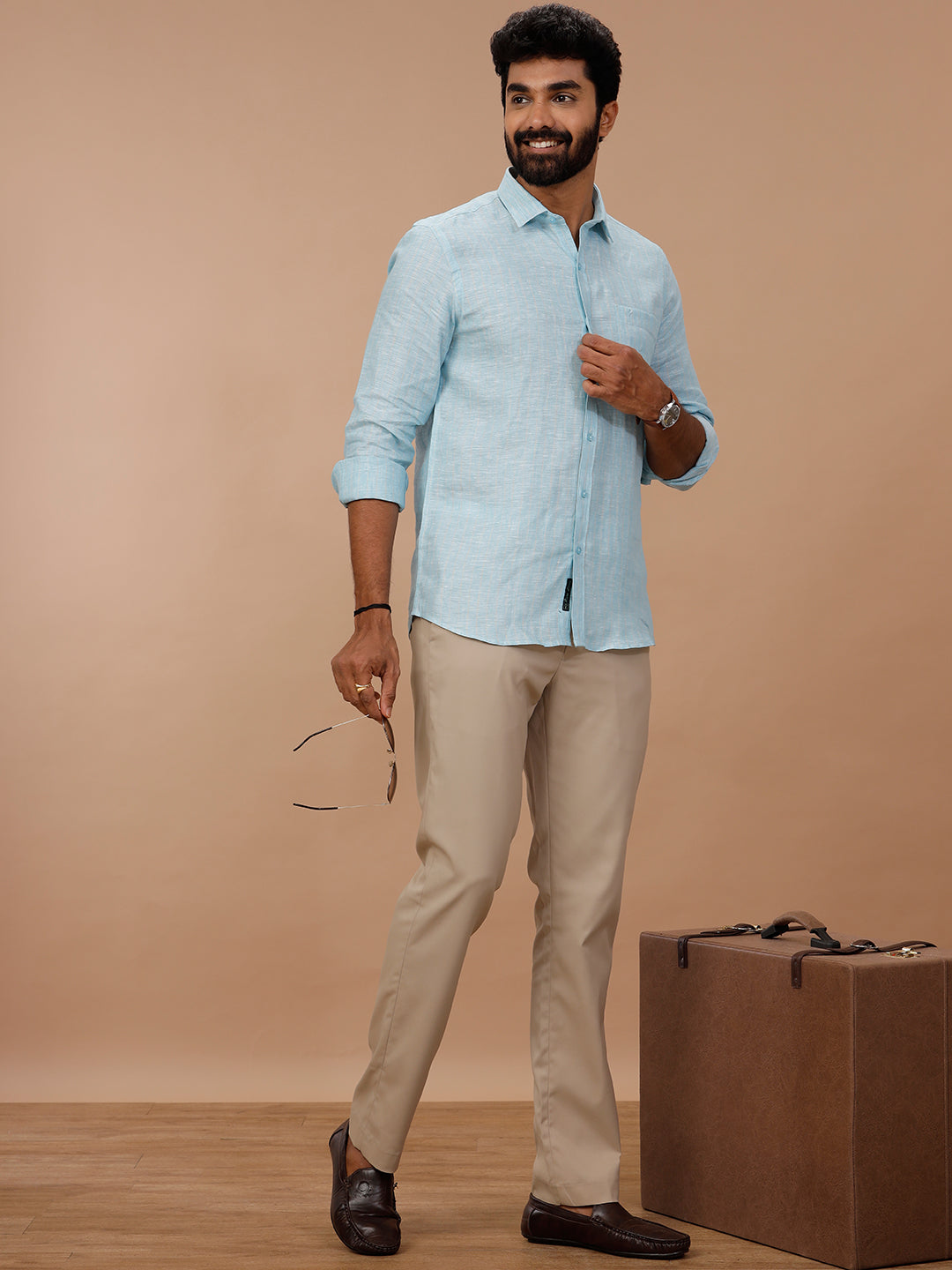 Men Pure Linen Striped Shirt Blue LS90