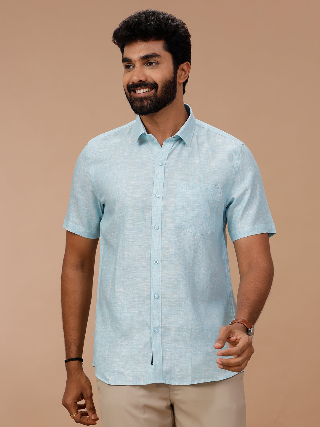 Men Pure Linen Striped Shirt Blue LS90