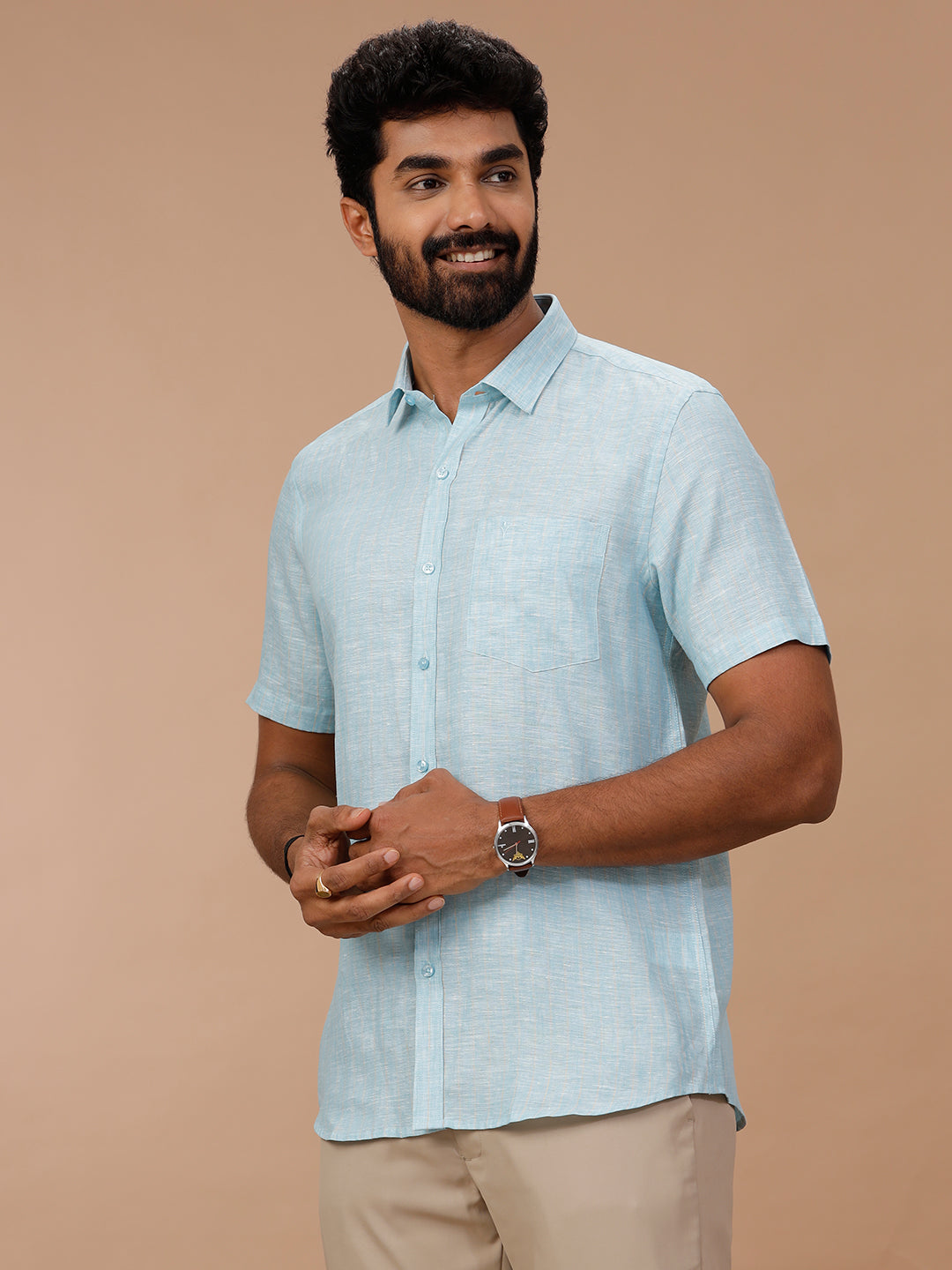 Men Pure Linen Striped Shirt Blue LS90