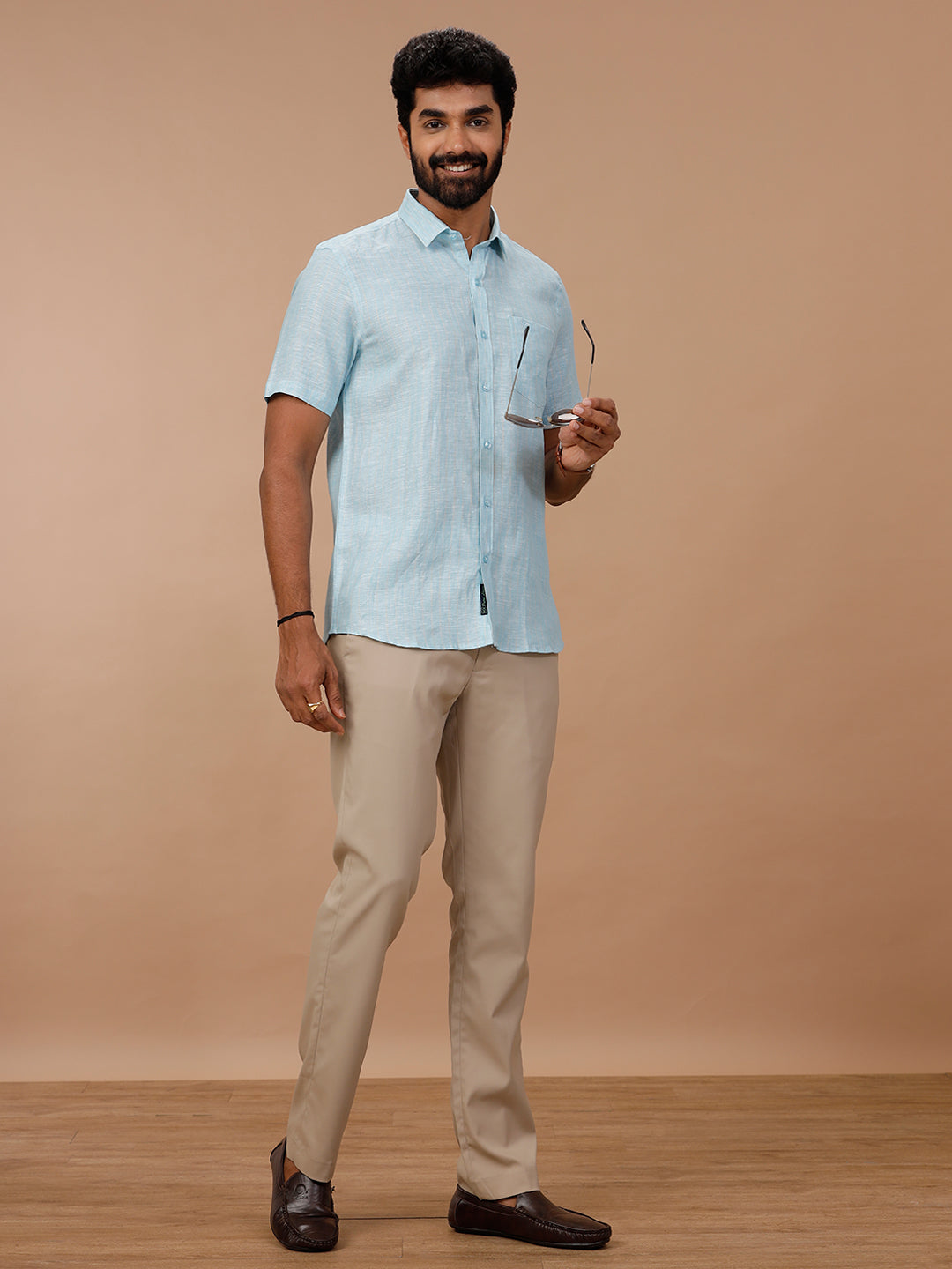 Men Pure Linen Striped Shirt Blue LS90