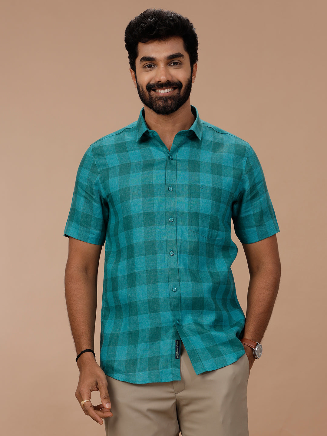 Men Pure Linen Checked Shirt Green LS78