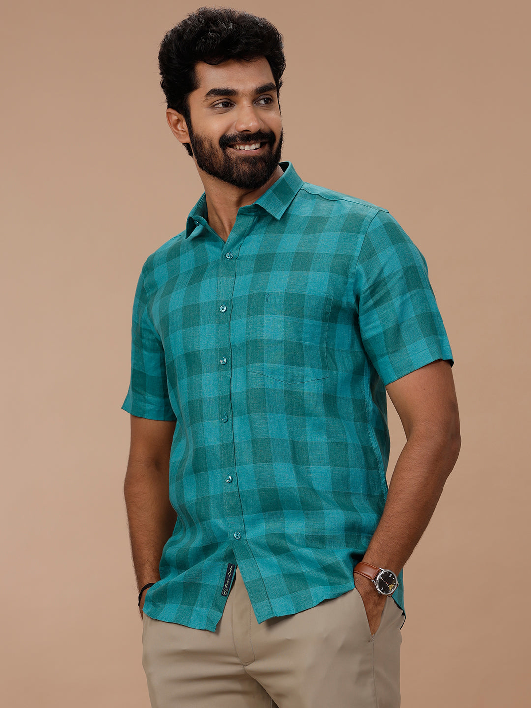 Men Pure Linen Checked Shirt Green LS78