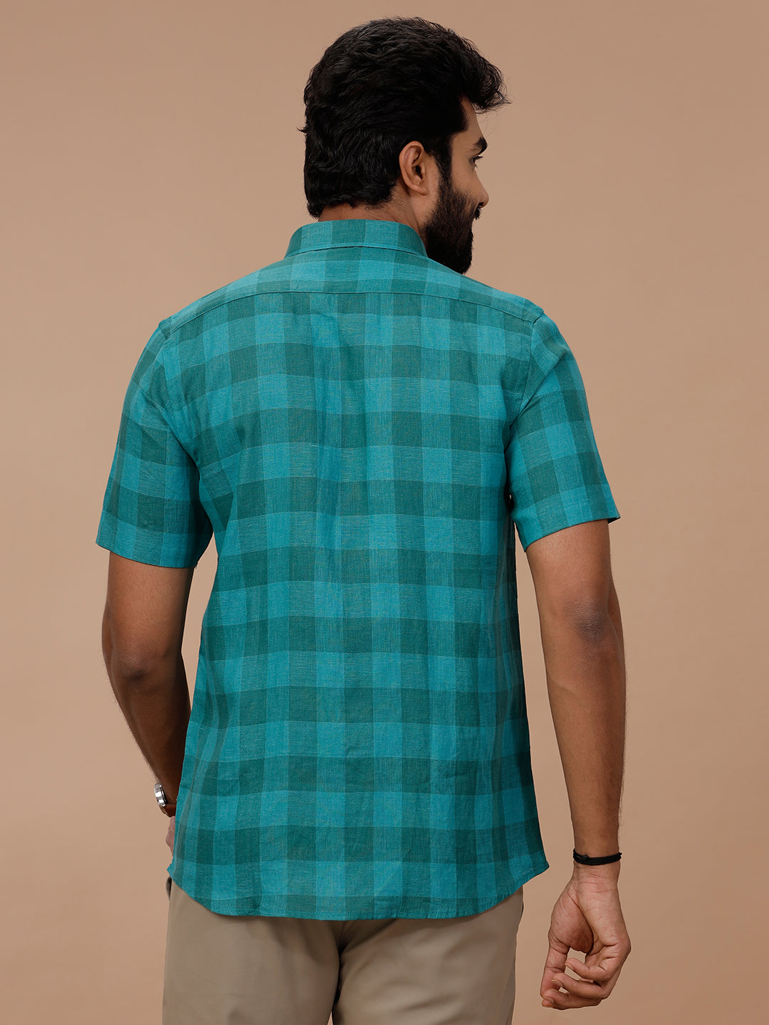 Men Pure Linen Checked Shirt Green LS78