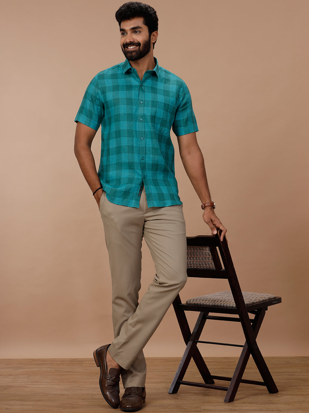 Men Pure Linen Checked Shirt Green LS78