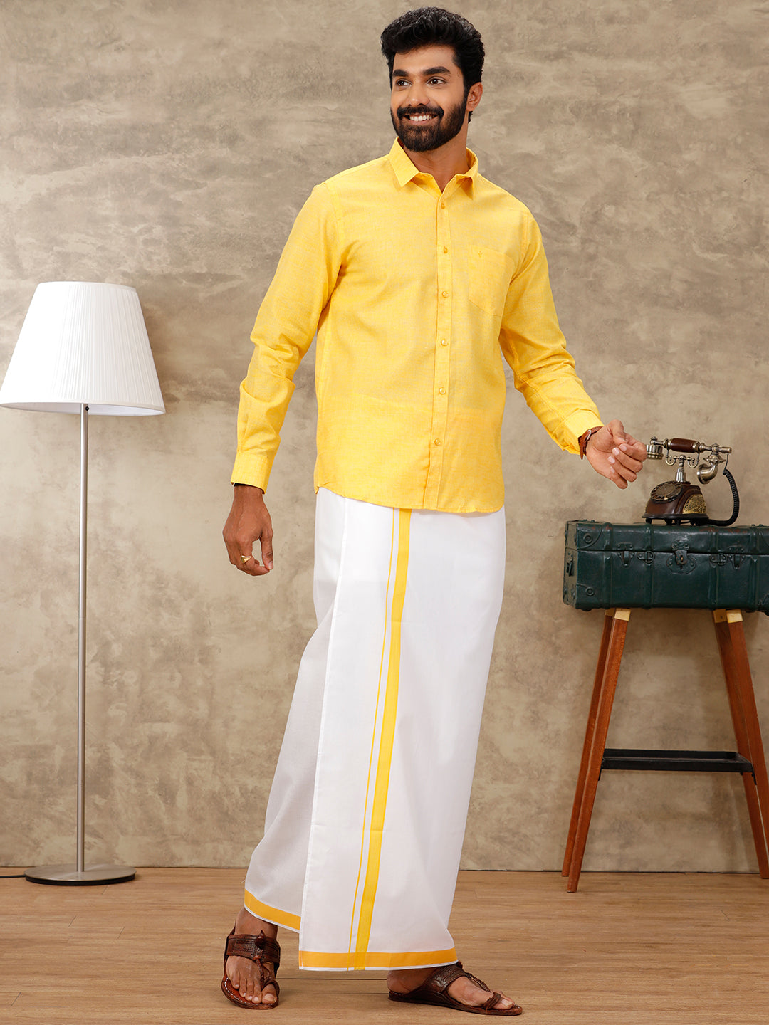 Mens Vetti Vaaram Matching Border Dhoti & Shirt Combo Yellow