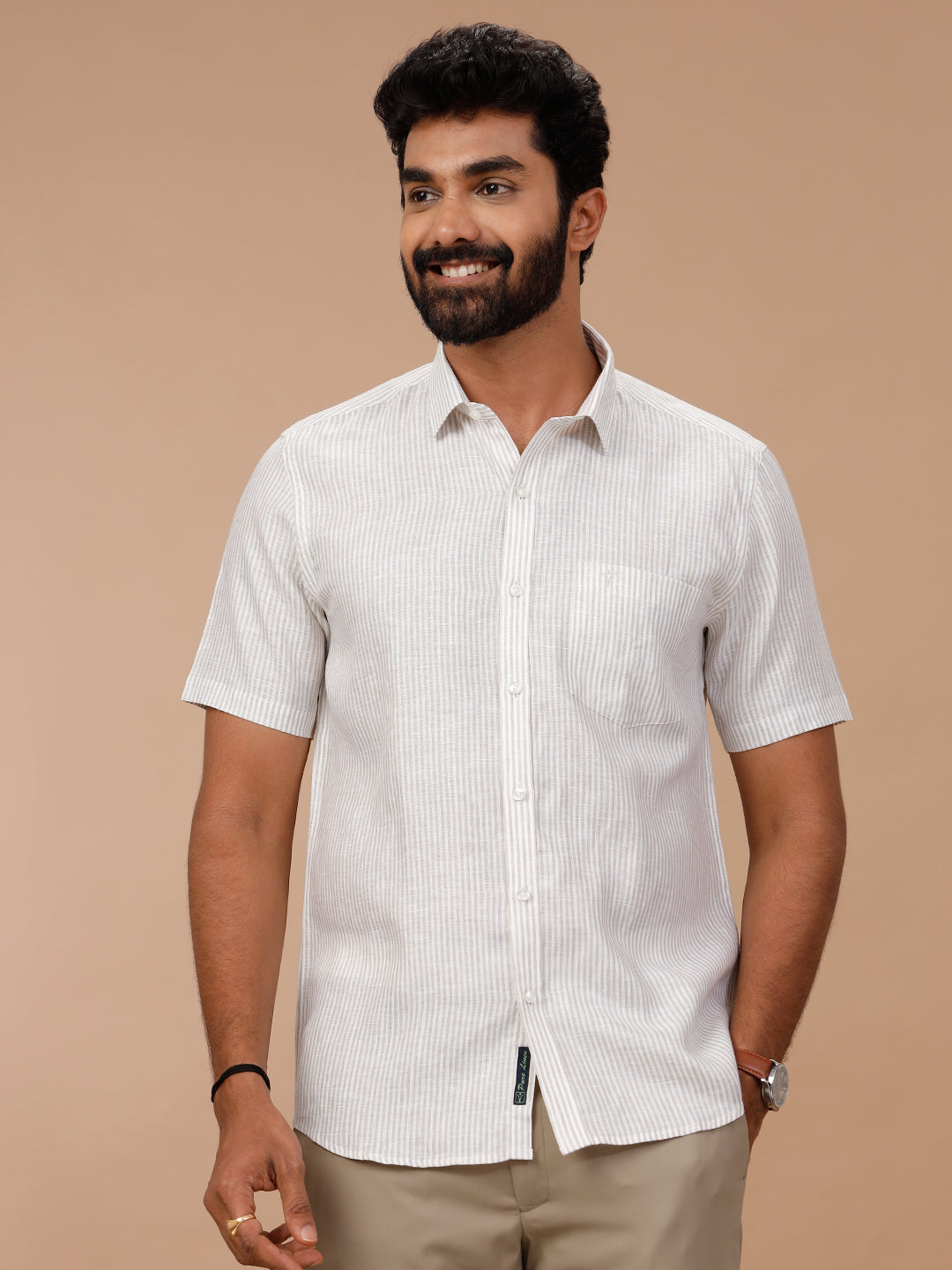 Men Pure Linen White Shirt with Olive Green Stripes LS87