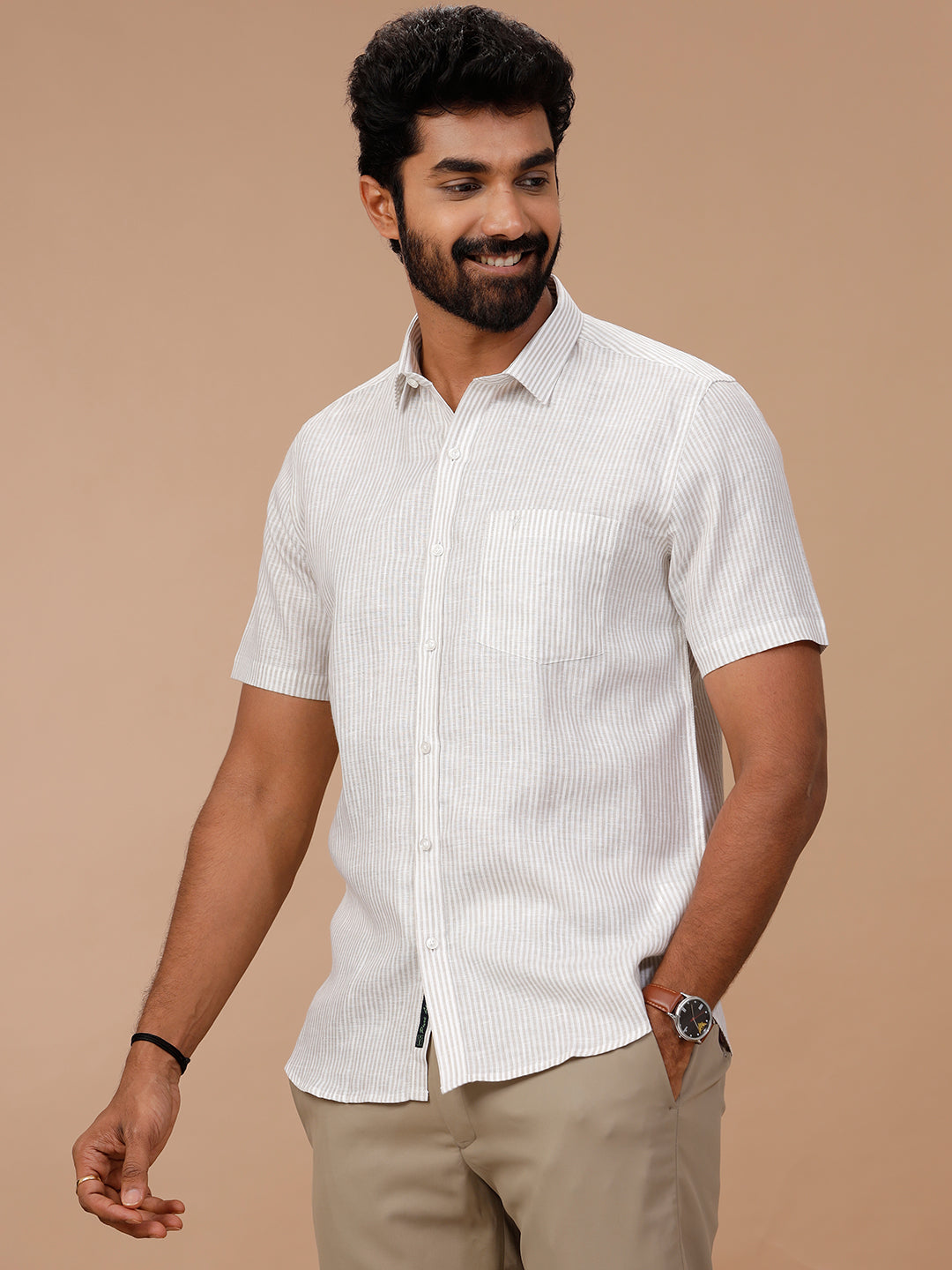 Men Pure Linen White Shirt with Olive Green Stripes LS87