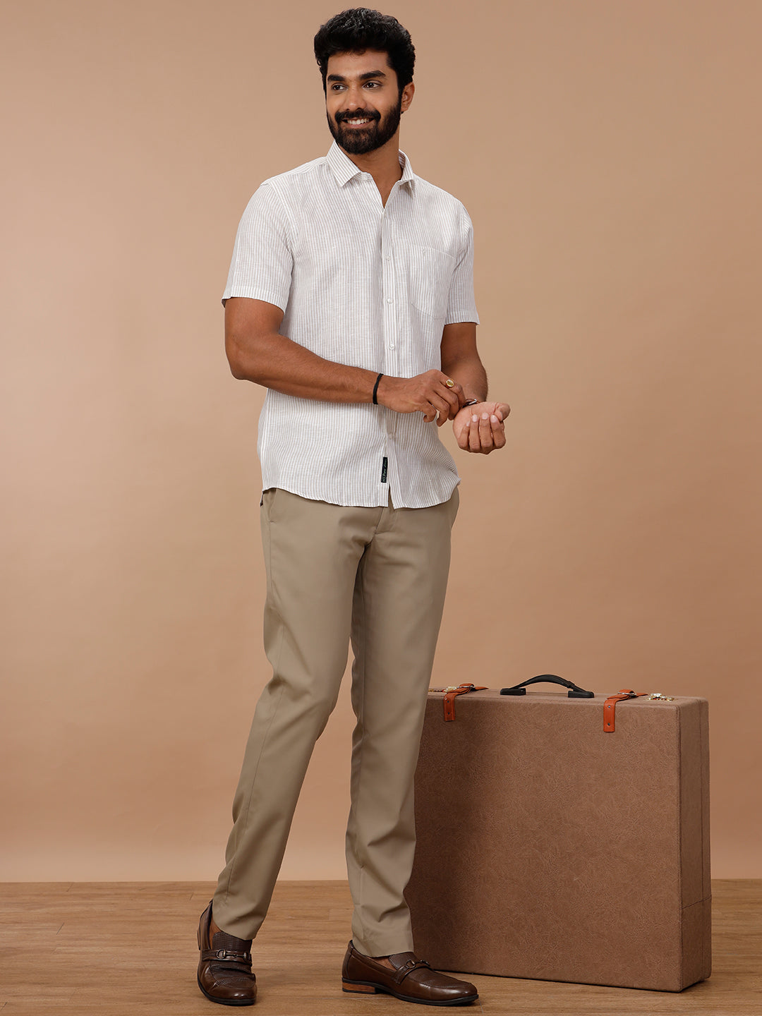 Men Pure Linen White Shirt with Olive Green Stripes LS87