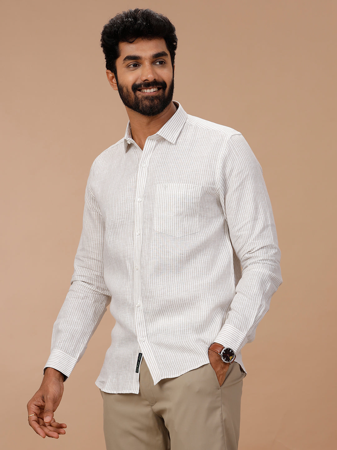 Men Pure Linen White Shirt with Olive Green Stripes LS87