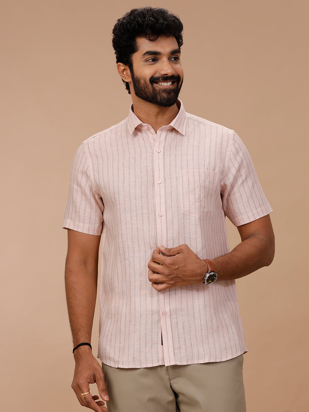 Men Pure Linen Striped Shirt Pink LS86