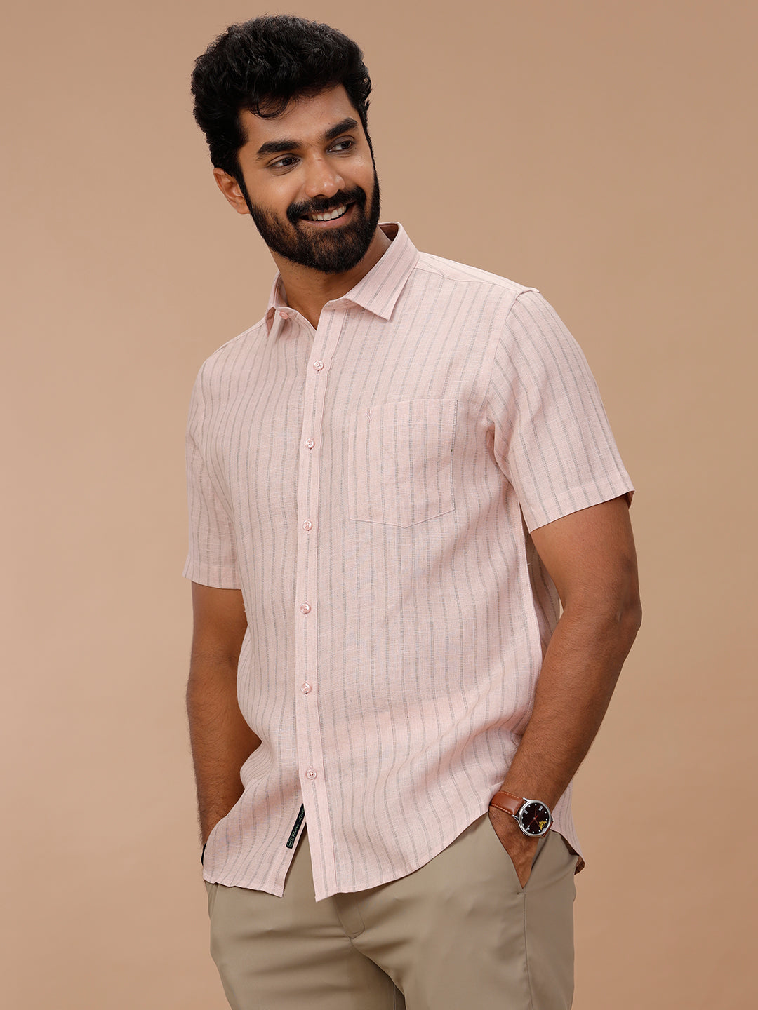 Men Pure Linen Striped Shirt Pink LS86