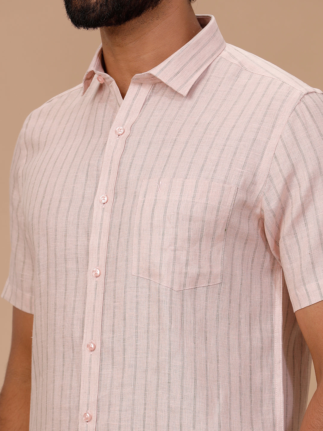 Men Pure Linen Striped Shirt Pink LS86