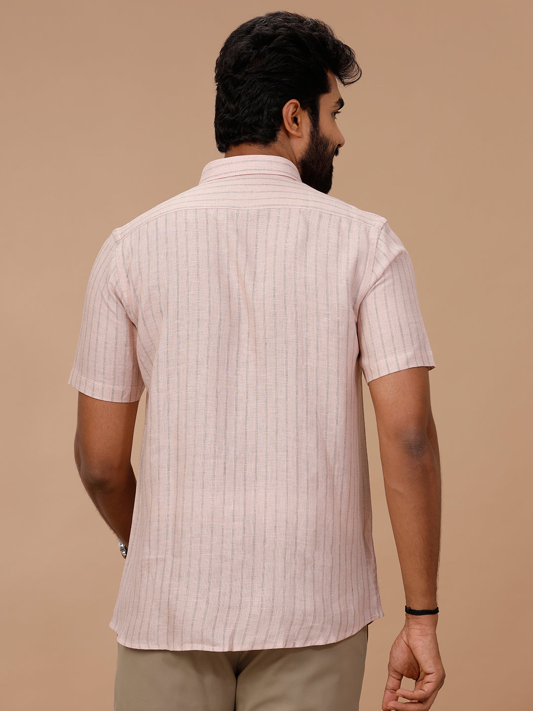 Men Pure Linen Striped Shirt Pink LS86