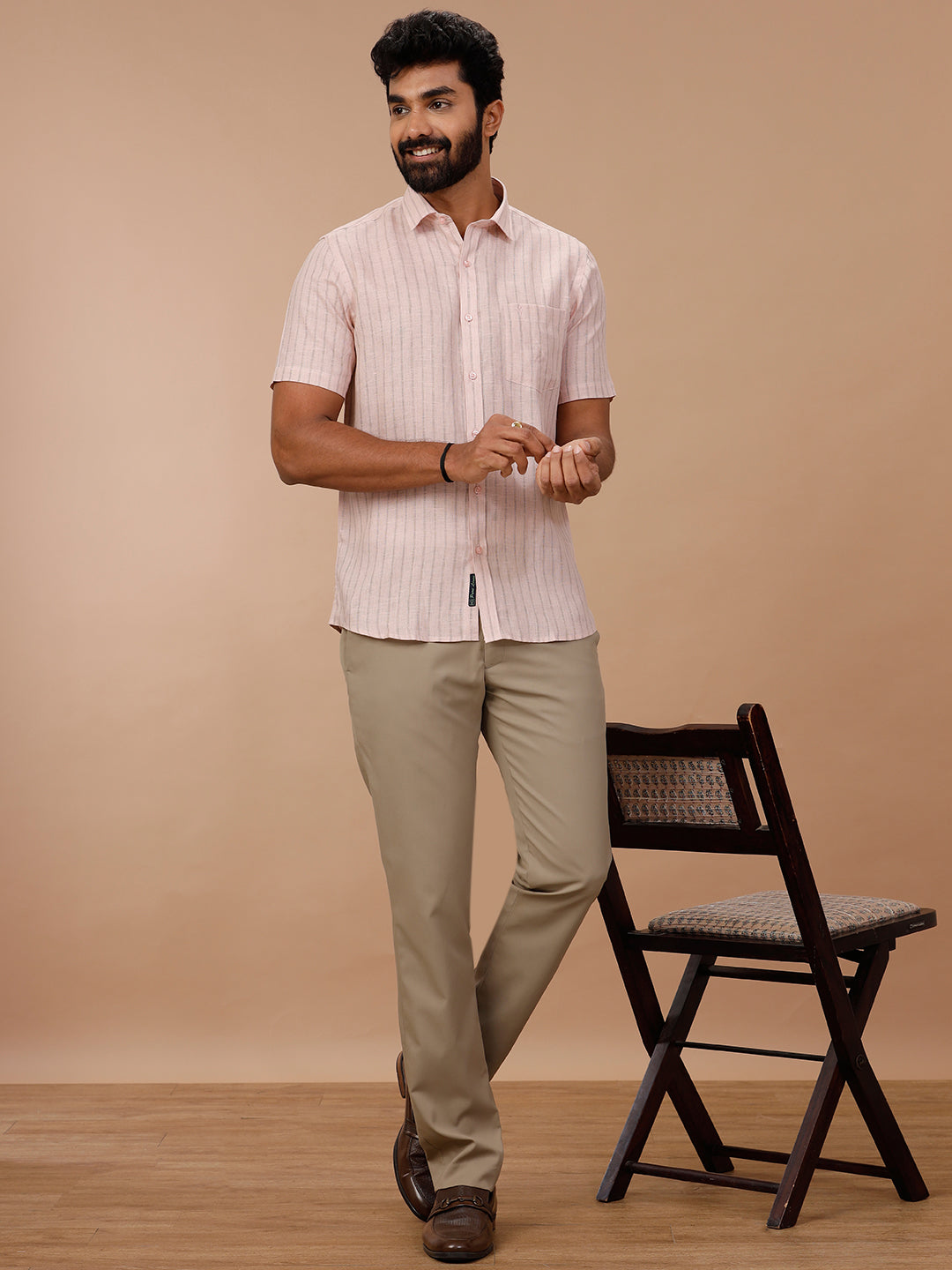 Men Pure Linen Striped Shirt Pink LS86