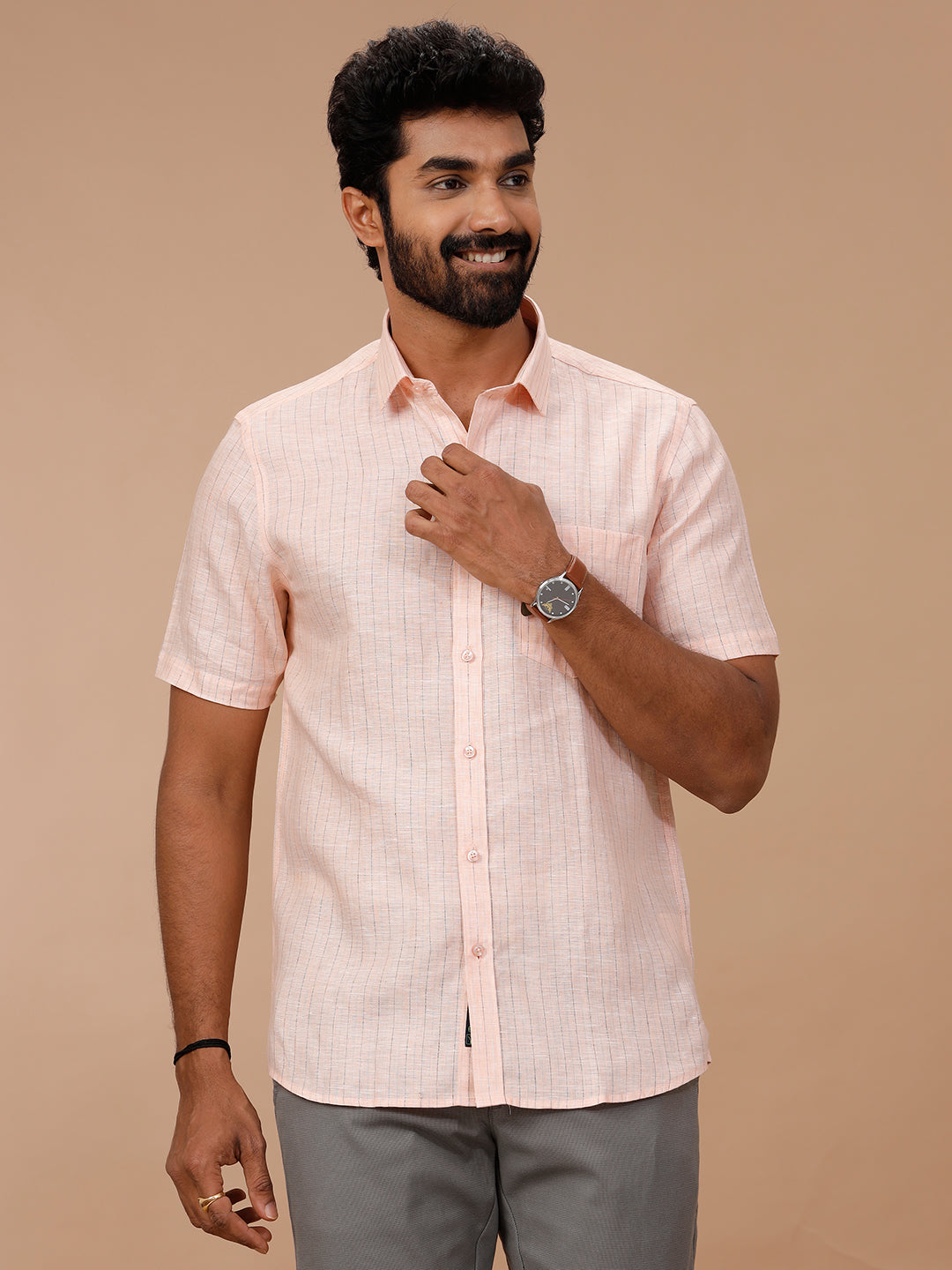 Men Pure Linen Striped Shirt Pink LS89